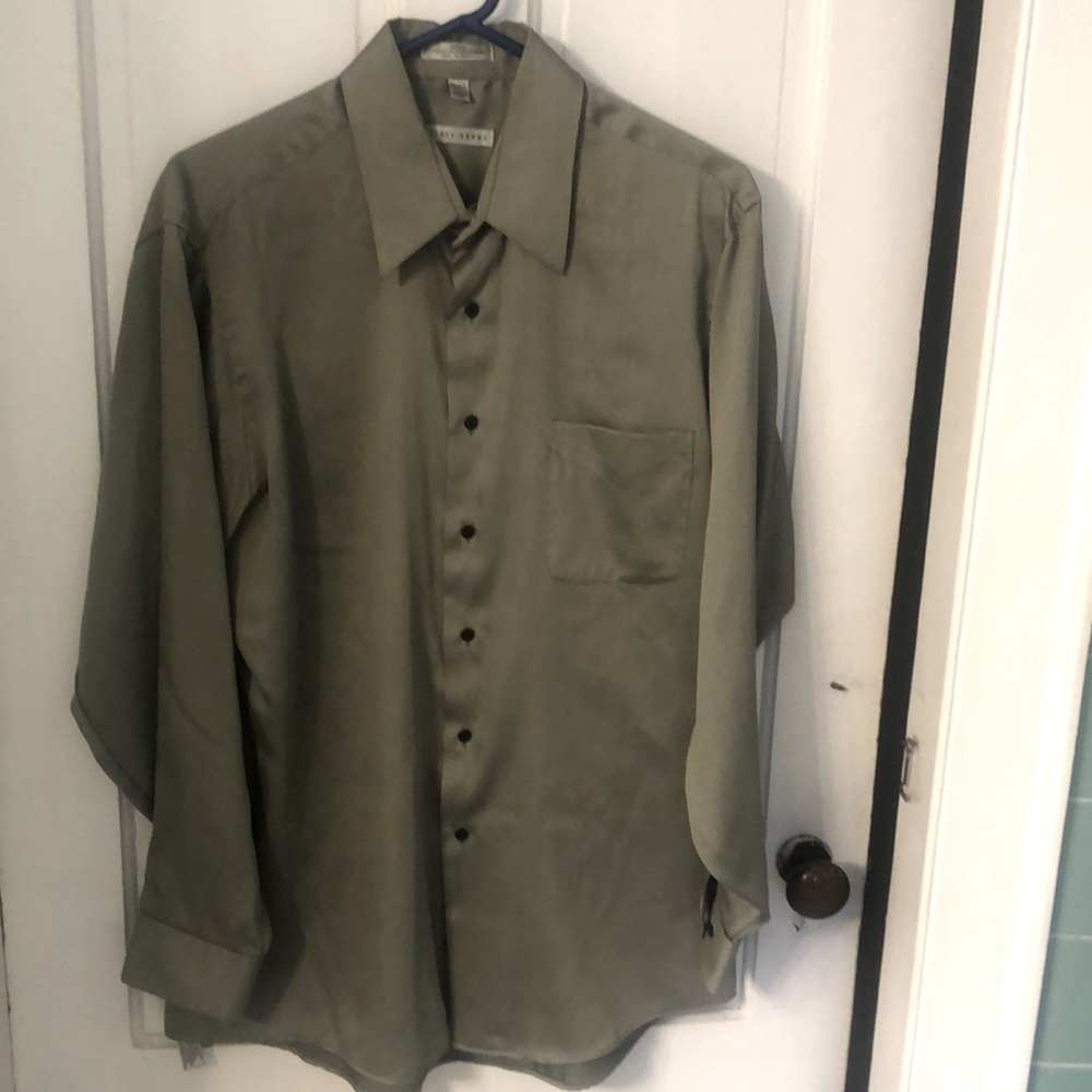 Geoffrey Beene button down shirt in olive green sateen fabric.  Left pocket.